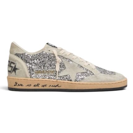 Golden Goose Ball Star in silver glitter with ice-gray suede inserts