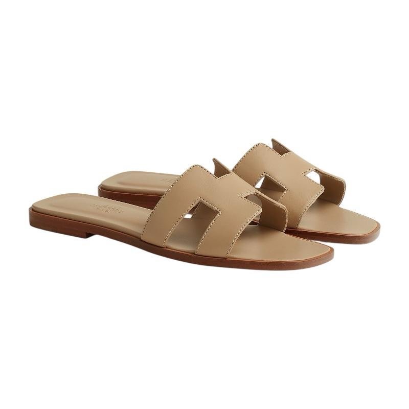 Hermes Light Brown Leather Oran Flat Slides - Image 2